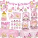 Princess Birthday Party Decorations, 278Pcs Princess Party Girls Decorations Set Includes Prin cess Plates Napkins Cups Tablecloth Serve 24, Shoulder Strap Crown, Banner garland cake Toppers Balloons