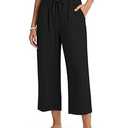 Women's Casual Capris Pants High Waist Pants Drawstring Loose Fit Summer Trousers with Pockets for Beach Vacation Black, XL