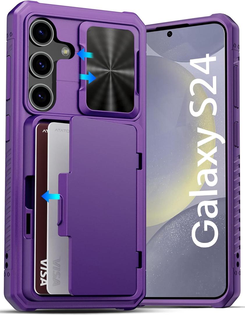 ATATOO for Samsung Galaxy S24 Wallet Case, Built-in Card Holder(Store 4-5 Cards) & Slide Camera Cover, Case for Galaxy S24 6.2", Dark Purple