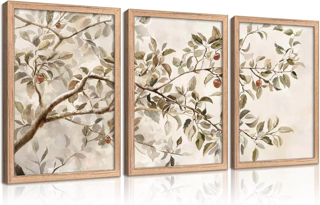 3 Pieces Vintage Apple Tree Canvas Wall Art Rustic Farmhouse Painting Picture Wall Decor Botanical Branch Poster Print Artwork for Living Room Bedroom Kitchen Home Decoration (16"L x 12"W, Floral-11)