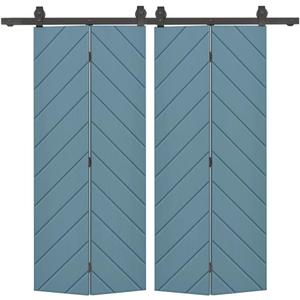 Herringbone 40 in. x 80 in. Dignity Blue Painted MDF Modern Bi-Fold Double Barn Door with Sliding Hardware Kit