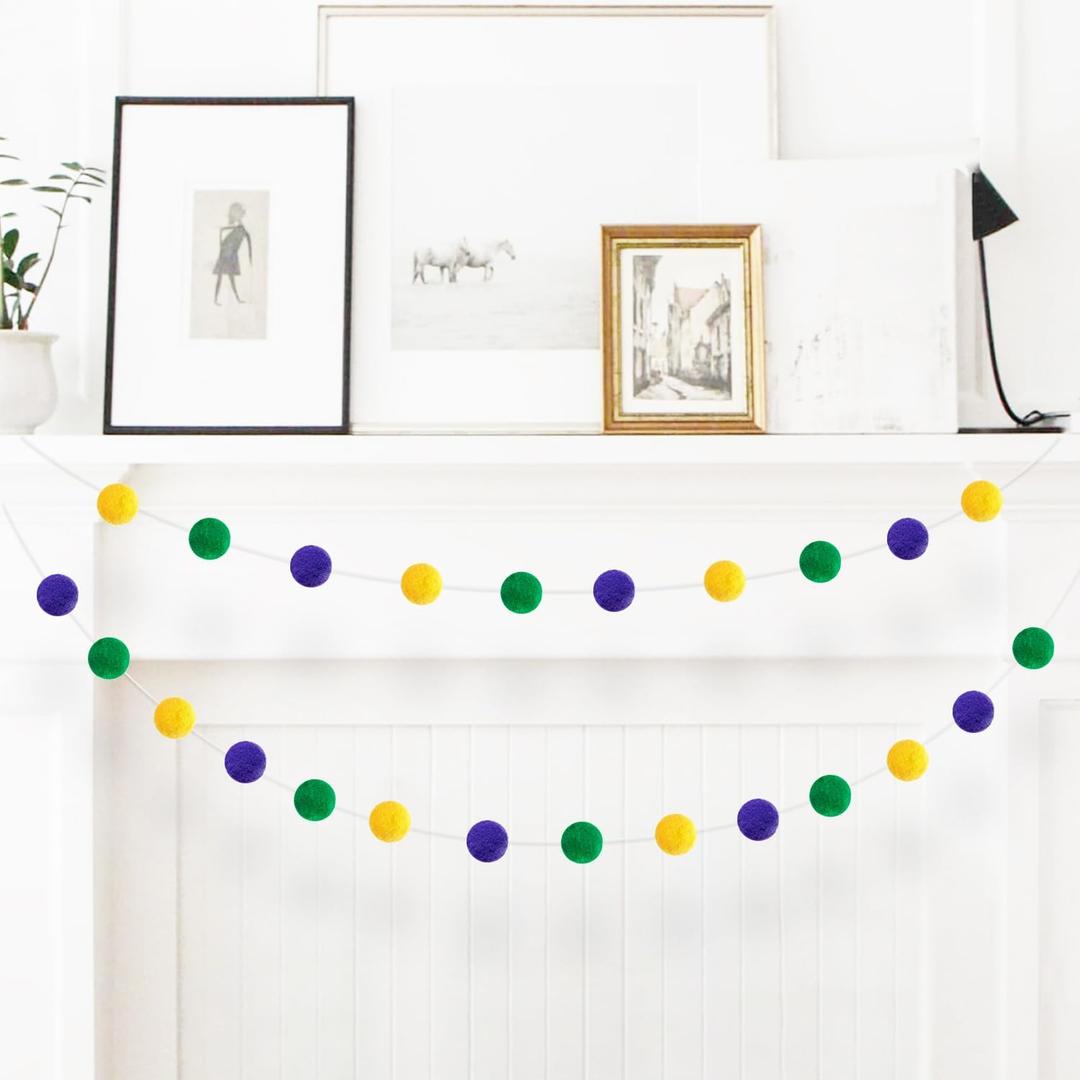 Mardi Gras Felt Ball Garlands Purple Green Gold Pom Pom Garland for Mardi Gras Theme Celebration Holiday Party Indoor Outdoor Decor (Two)