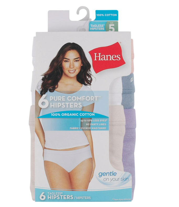 Hanes Women's Pure Comfort Hipster Underwear, Organic Cotton, 6-Pack Assorted 5, Medium 