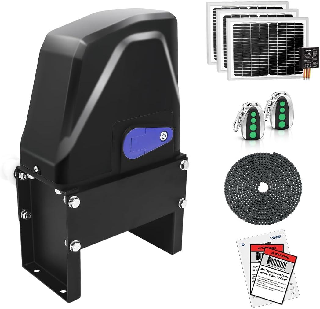 TOPENS DKC1100S Solar Sliding Gate Opener Chain Drive Automatic Gate Motor for Heavy Driveway Slide Gates Up to 2600 Pounds, Electric Gate Operator Battery Powered with Solar Panel Remote Control Kit, 2600lbs