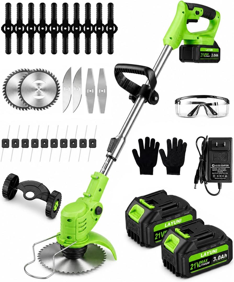 Cordless Weed Wacker with Wheels, 880W Electric Weed Eater with 2 x Batteries, 3-in-1 Battery Powered Grass Trimmer/Brush Cutter with 5 Types Saw Blades, Lightweight for Lawn & Garden
