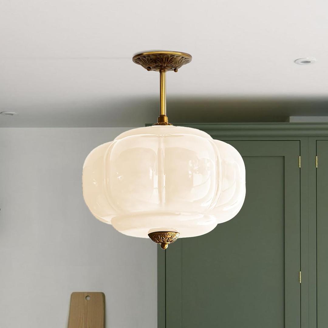 Milk Glass Ceiling Light Fixture - Antique Brass Semi Flush Mount Pendant Light for Kitchen, Hallway, and Bedroom 15 inch (White 15 inch)