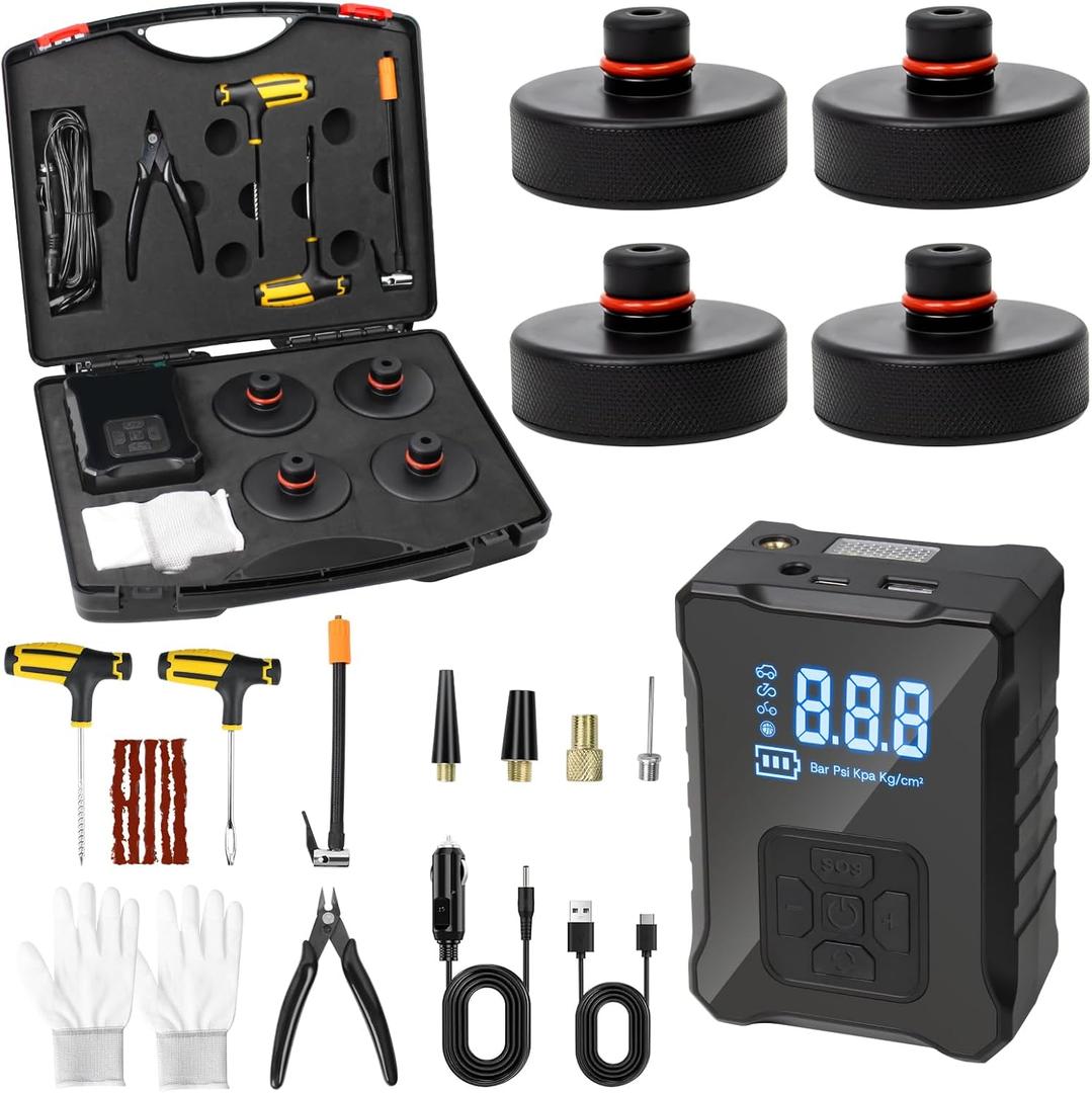2025 Upgrade Jack Pads for Tesla Model 3/Y Accessories 2025, Wireless Universal Tire Inflator Pump Set with Built-in Tire Repair Kits for Tesla Model 3/Y/X/S [Not Fit Austin Built Model Y] (Black2)