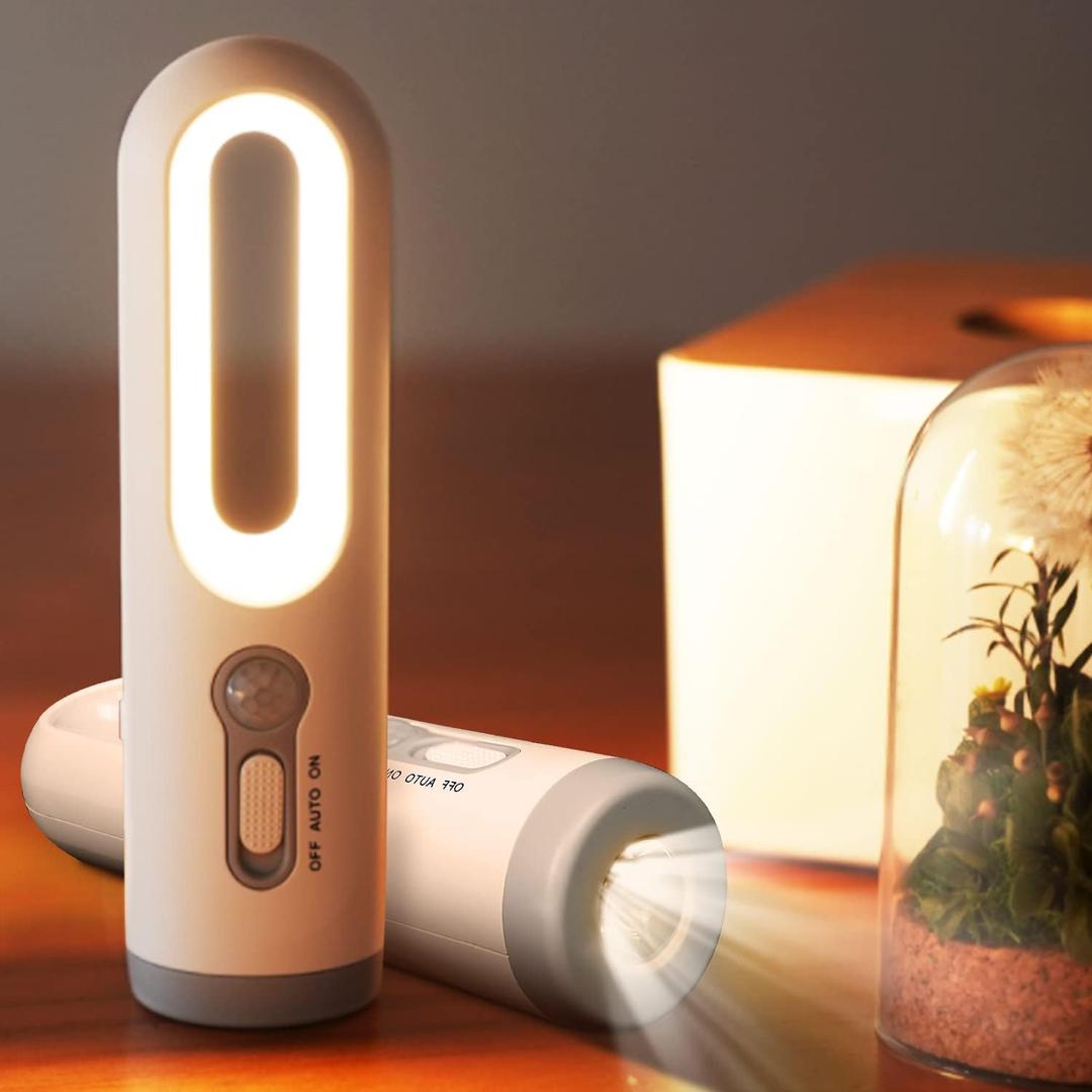 4-in-1 Rechargeable Motion Sensor Night Light Flashlight Combo, Warm LED Battery Night Light with Dusk to Dawn Sensor, Night Light Emergency Flashlight for Bathroom, Bedroom, Toilet, Stairs, Hallway (White)