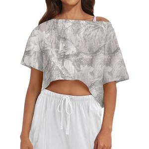 MISSACTIVER Oversized Off The Shoulder Top for Women Short Sleeve Boat Neck Crop Tee Loose Summer Workout Shirt (Small, Camo Light Grey)