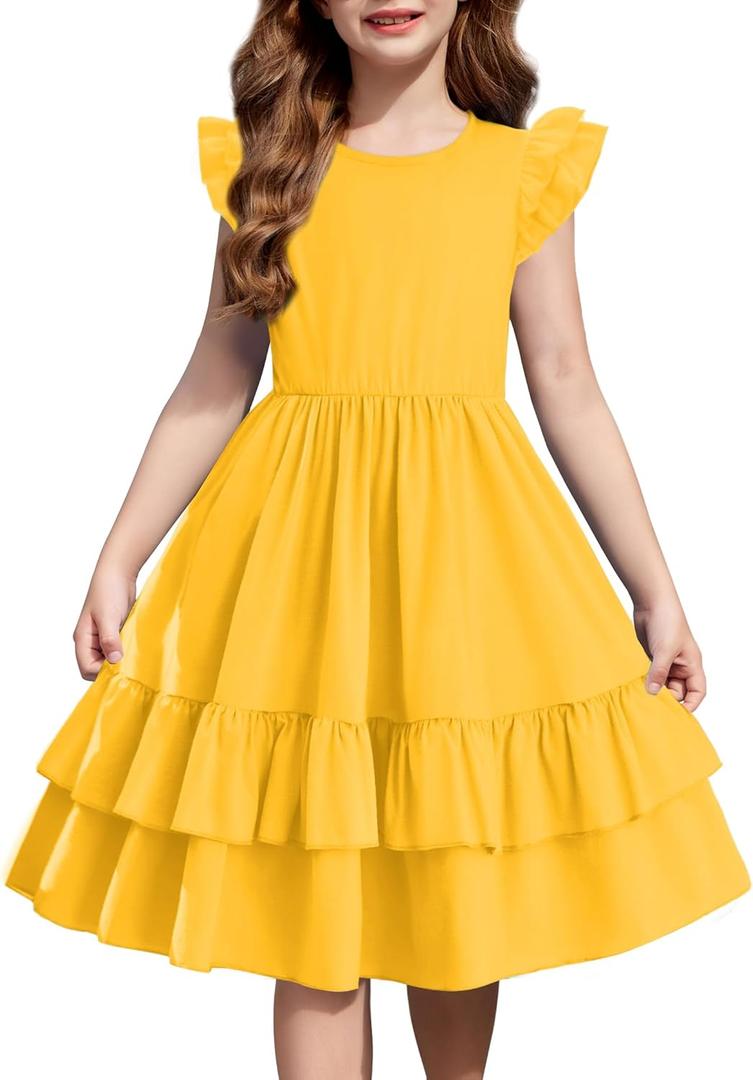 Arshiner Girls Dress Tween Boho Flutter Sleeve Tiered A Line Summer Dresses with Pockets (11-12 Years, Yellow)