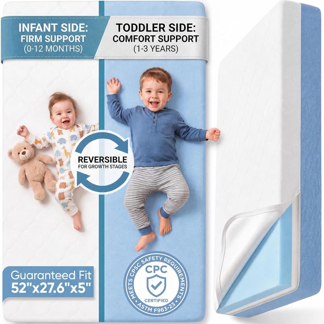 Baby Crib Mattress, Dual Sided Memory Foam 52x27.6x5 Inch, Blue, 52"L x 28"W x 5"Th