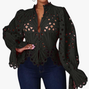 Doweha Women’s Sexy Ruffle Long Sleeve Summer Lace Tops 2025 Puff Flare Shirt V Neck Hollow Out Button Down Tunic Blouses (L)