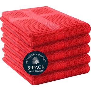 100% Cotton Kitchen Towels, 16"x26", 5 Pack, Waffle Weave, Absorbent, Fast Drying Dishcloth Set for Cleaning, Hand Towels, Dish Rags, Wash Cloth, Durable, Machine Washable, Red