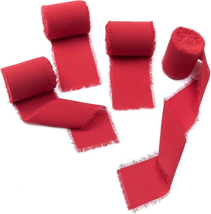 4 Rolls Red Handmade Fringe Chiffon Silk Ribbon 2" W x 5Yd Per Roll,Frayed Edges Ribbon Set for Gifts Wrapping,Wedding Invitations,Bouquets,DIY Crafts (2" x20Yd, Red)