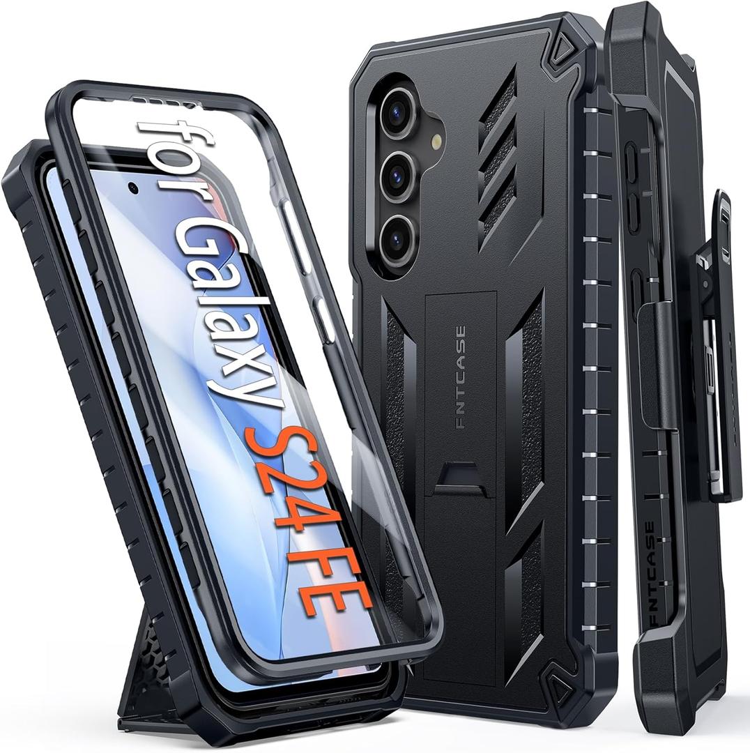 FNTCASE for Samsung Galaxy S24-FE Case: Military Grade Rugged Cell Phone Cover with Kickstand & Holster | Shockproof TPU Protection Bumper Matte Textured Design for Galaxy S24 FE Cases 6.7inch - Black