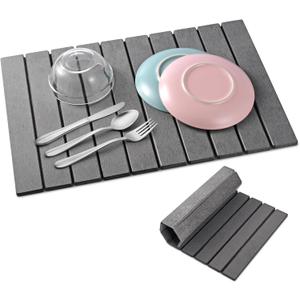 Stone Drying Mat for Kitchen Counter Large, Foldable Quick Dry Diatomaceous Earth Mat for Dishes Bottles Cups, Absorbent Collapsible Stone Dish Drying Mat for Countertop Bathroom 23" x 15.3" (Dark Gray)