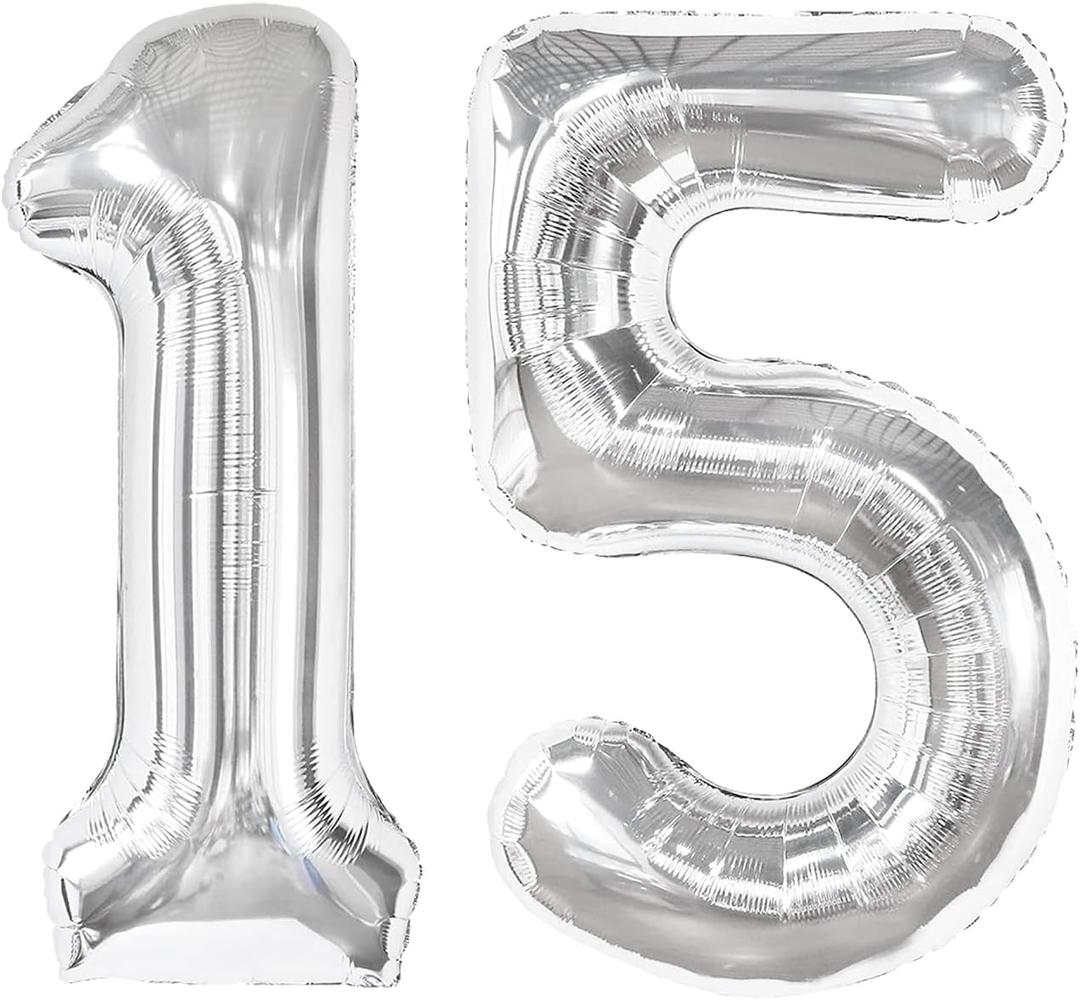 Silver Number 15 Balloon 40 inch, 15 Number Balloons, 15th Silver Birthday Decorations for Girls Boys Kids, 15 Year Old Silver Party Supplies