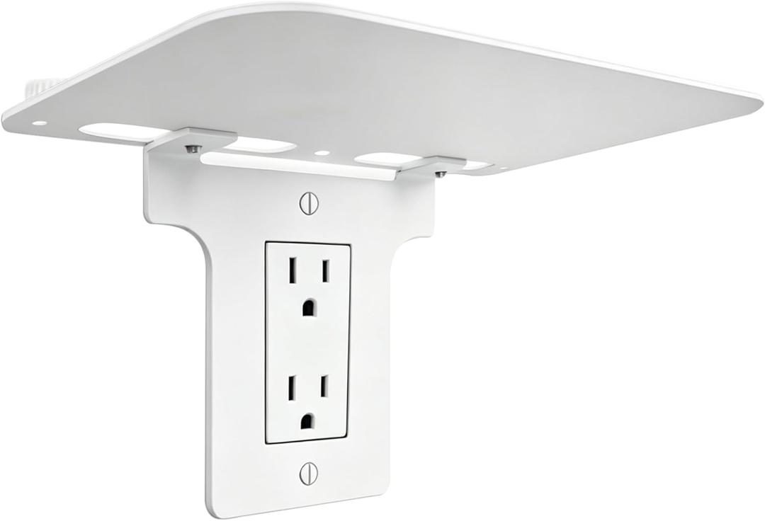 Metal Outlet Shelf Wall Holder for Decora (Standard Rectangle) Outlets, Bathroom & Kitchen Organizer with Cord Storage, Easy Install for Electric Toothbrush, Cell Phone and Small Essentials