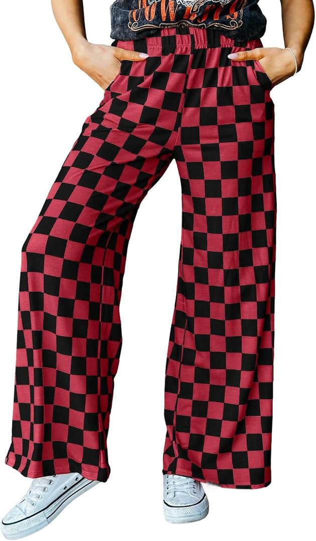 Acelitt Womens Checkered Pants | Wide Leg, Elastic Waist, Relaxed Fit, Pockets, Casual Summer Outfits for Beach, Vacation, Lightweight Comfy Lounge Trousers (Red, M)