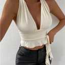 SOLY HUX Women's Sexy Deep V-Neck Halter Crop Top Summer Beach Vacation Clothes Y2K Trendy Tank Top for Going Out Party (Beige, M)