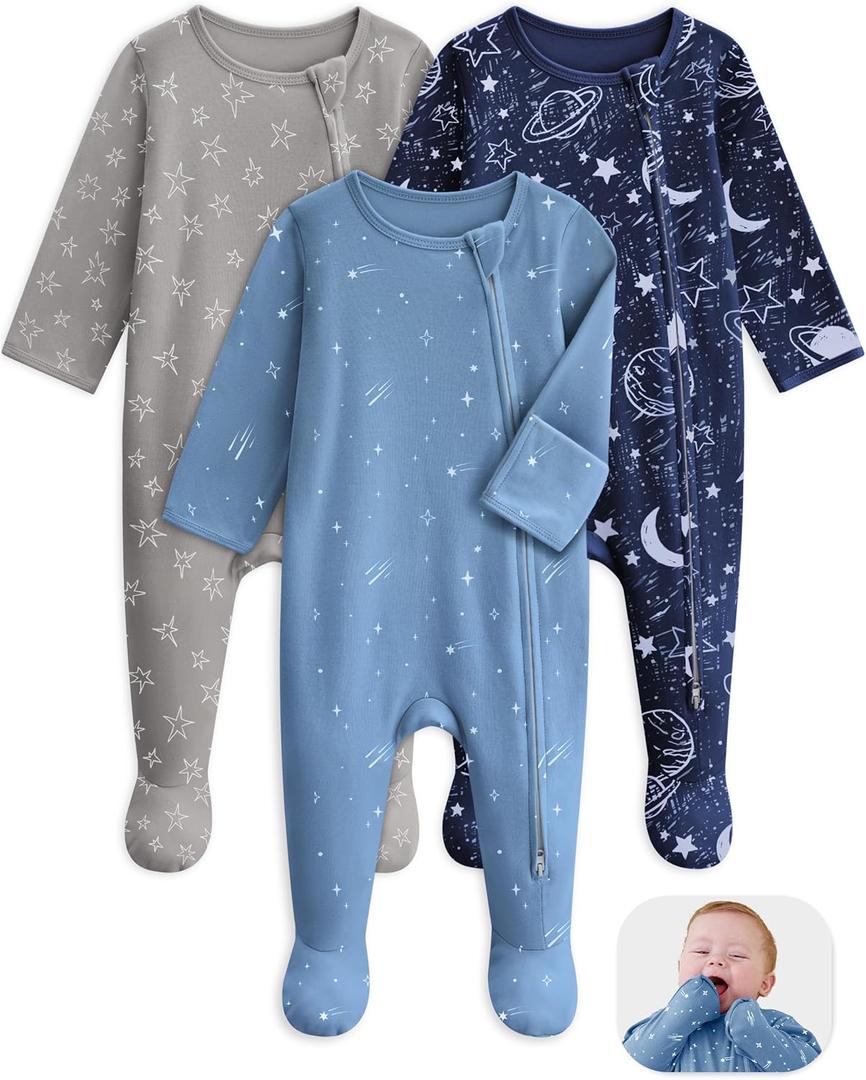 Unnivoll Baby Pajamas 100% Cotton Baby Sleepers for Newborn 0-3 3-6 6-9 Months 3Pcs Footie Pajamas Baby Boys Girls Clothes, 3-6 Months