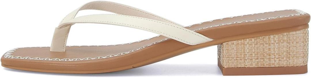 DOEYG Raffia Heels Sandals Summer Beach Flip Flops Heels Square Open Toe Heeled Sandals Dressy Comfortable Slip on Thong Sandal Size 6