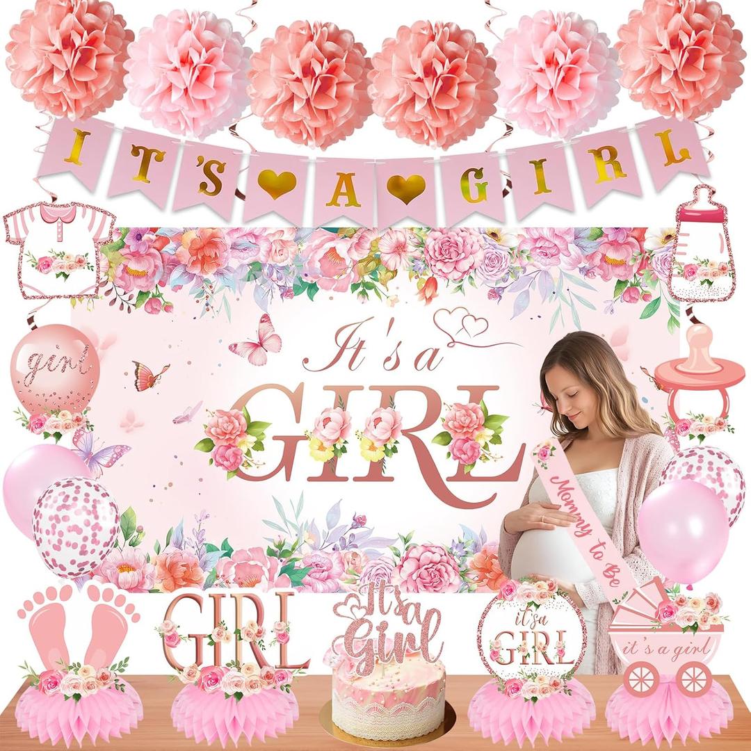 30Pcs Baby Shower Decoration for Girl Rose Floral Gender Reveal Party Supplies, It's a Girl Banner Backdrop Poster Sash Table Honeycomb Centerpiece Cake Topper Balloon Pregnancy Announcement