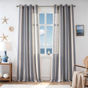 DriftAway Farmhouse Curtains for Living Room Vertical Striped Linen Curtains Semi Sheer Light Filtering Grommet Window Treatments, 84 Inches Long, 2 Panels, Dark Navy on Beige