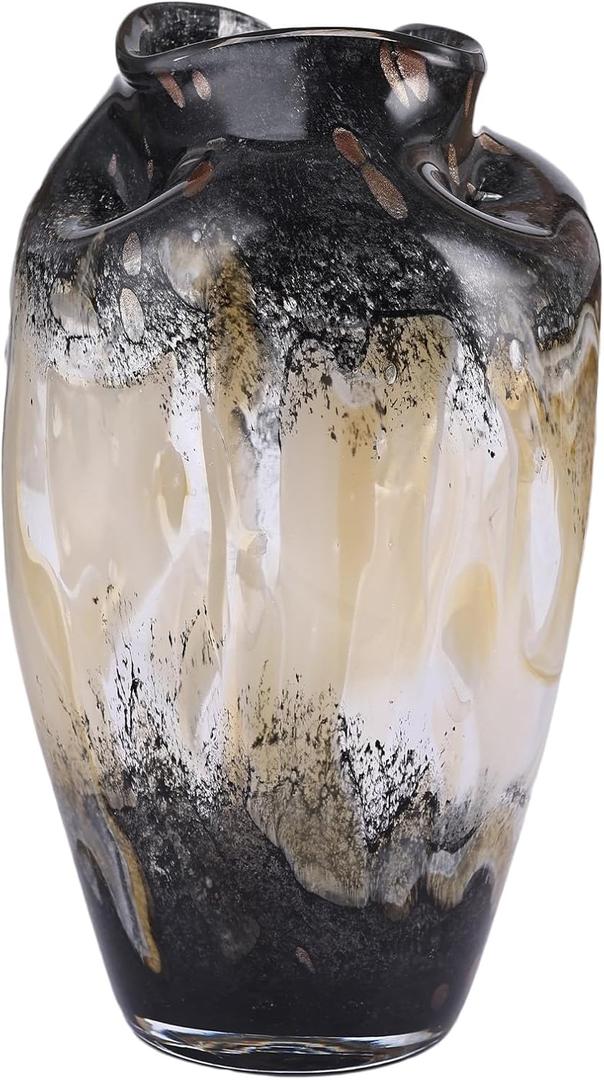 Hand Blown Smoke Glass Vase,Black Amber Vases Home Decor,Vintage Gray Glass Vase, Round Bubble Art for Flowers,Farmhouse Vases for Table Decor and Modern Home Unique Abstract Design (L)