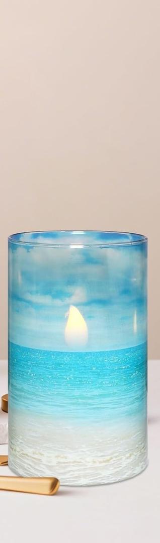 PETRISTRIKE Blue Flickering Flameless Candles with Remote - Glass Battery Operated LED Pillar Candles for Beach/Coastal Theme Wedding Decorations (Set of 1)