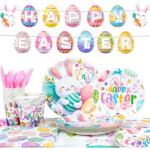 Easter Party Tableware for 20 Guests, Spring Party Tableware Egg Bunny Plates and Napkins Tablecloth Banner etc Easter Bunny Birthday Decorations Supplies