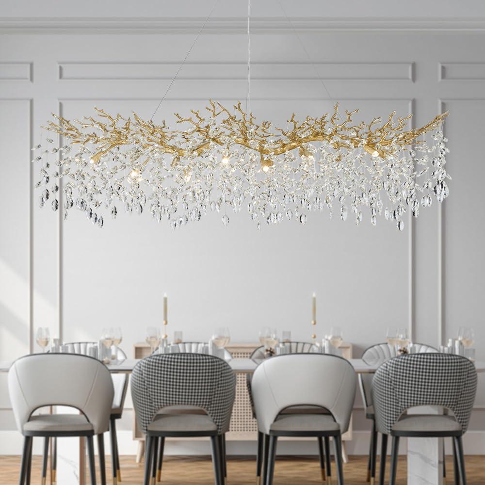 Modern Gold Crystal Chandeliers Chandeliers - L63 inch Rectangular Golden Tree Branches Ceiling Pendant Light Fixtures, Luxury K9 Raindrop for Dining Room, Rectangular, Length 63"