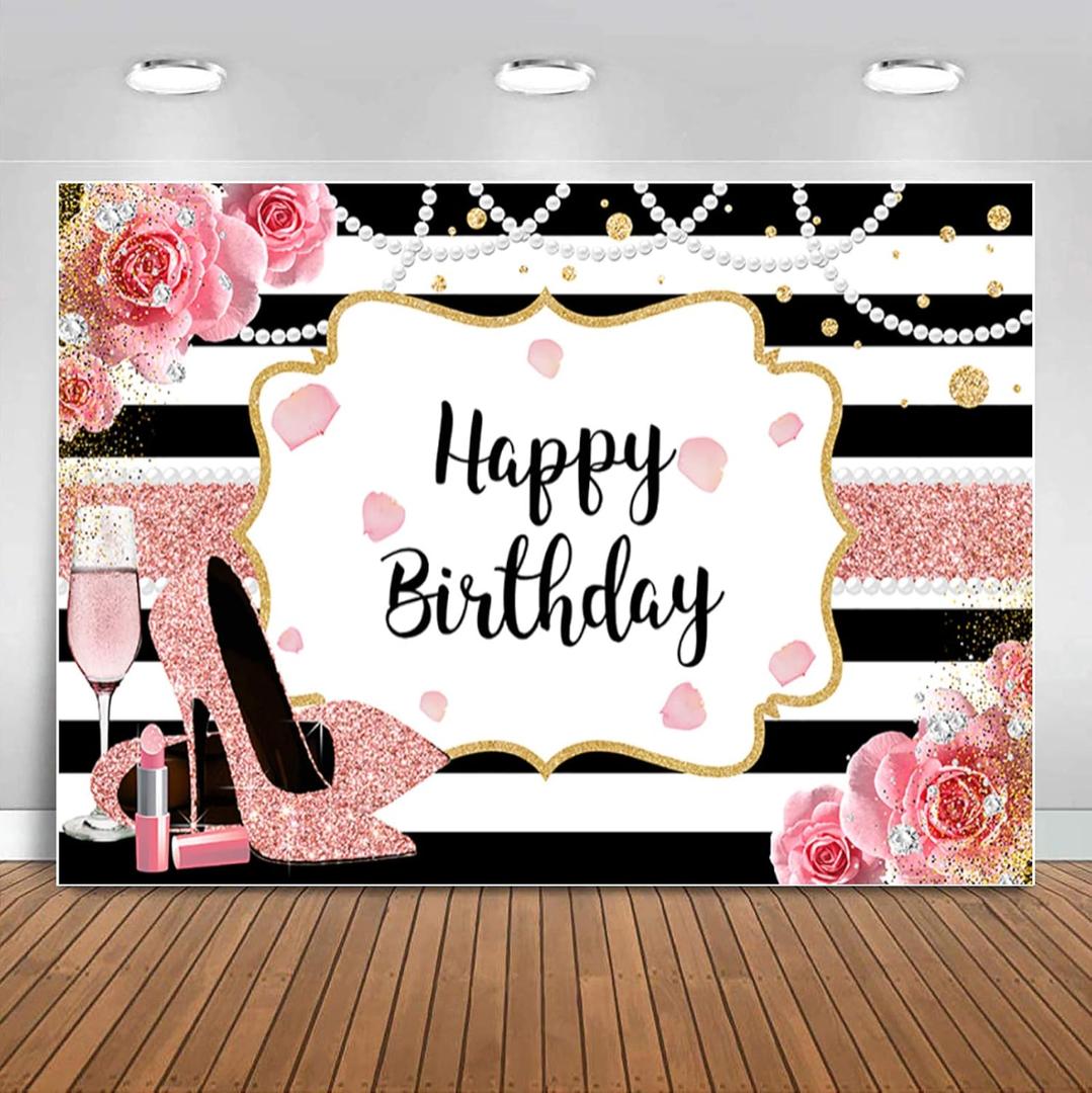 Sensfun 7x5ft Pink Floral Happy Birthday Backdrop Banner for Women,Glitter Rose Gold High Heel Photography Background Girls Sweet Pink Black Stripes Birthday Party Decorations Photo Booth Back Drops
