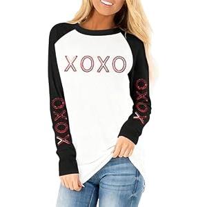 Valentines Shirts for Women Love Letter Print T Shirt Funny Sequin Valentine XOXO Graphic Long Sleeve Causal Tee Tops White, L