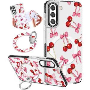 Toycamp for Samsung Galaxy S22 Plus Case - Compatible with Magsafe Cute Design 360Magnetic Ring Holder Stand Kickstand Cherry Bow Girly Pretty Fashion Phone Covers for Women Teen Girls