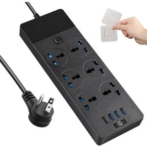 Universal Power Adapter, Jumpso 3000w Power Strip with 4 USB Ports (1 USB C), 6ft Extension Cord with International Outlets, 110-240v, European Travel Plug Adapter for Home Office Travel, Black