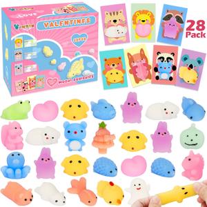 Valentines Day Cards for Kids School - 28 Packs Cute Mochi Squishies Toys with Cards, Valentine Party Favors Toys for Boys & Girls, Kids Exchange Cards for Classroom