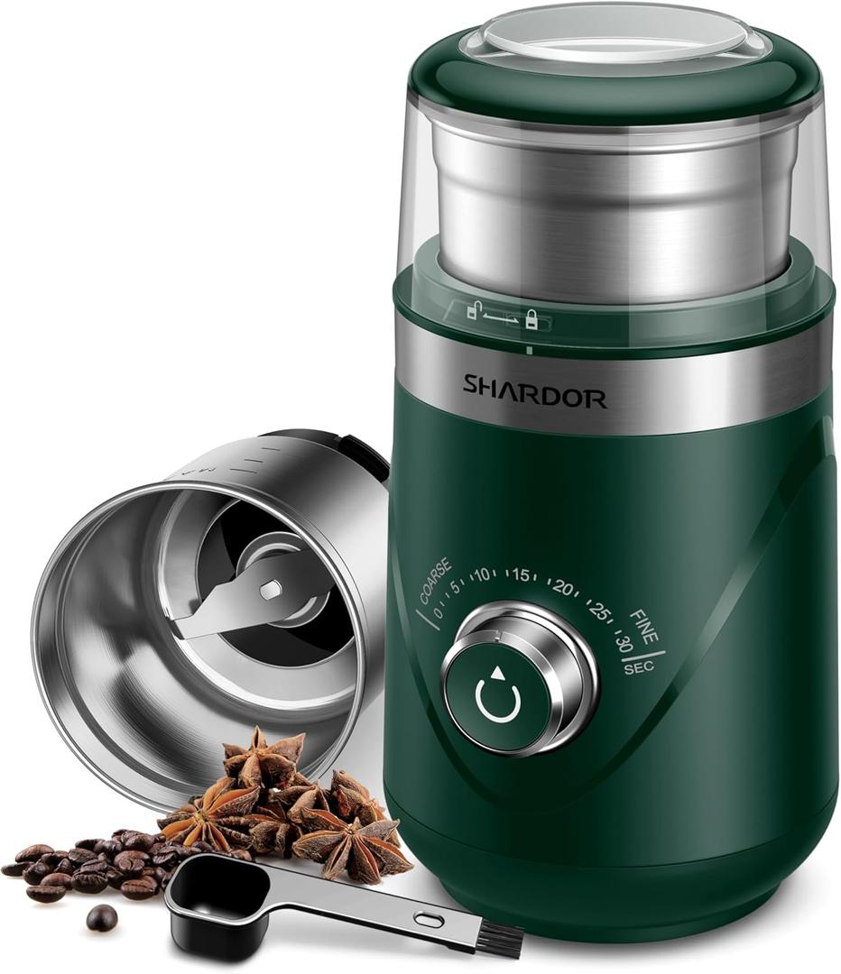 SHARDOR Electric Super Silent Blade Coffee Grinder, Timed Grind Control Rotary Knob, Adjustable Coarse to Fine for Coffee Beans, Spices & Herbs, with 1 Removable Stainless Steel Bowl, Green