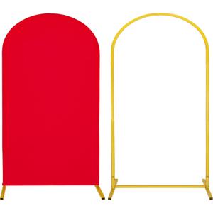 Metal Arch Stand and Cover Set,1 Red Spandex Fitted Backdrop with 1 Gold Wedding Arched Stand Frame for Parties Birthday Baby Shower Bridal Banquet Decoration (7.2FT)