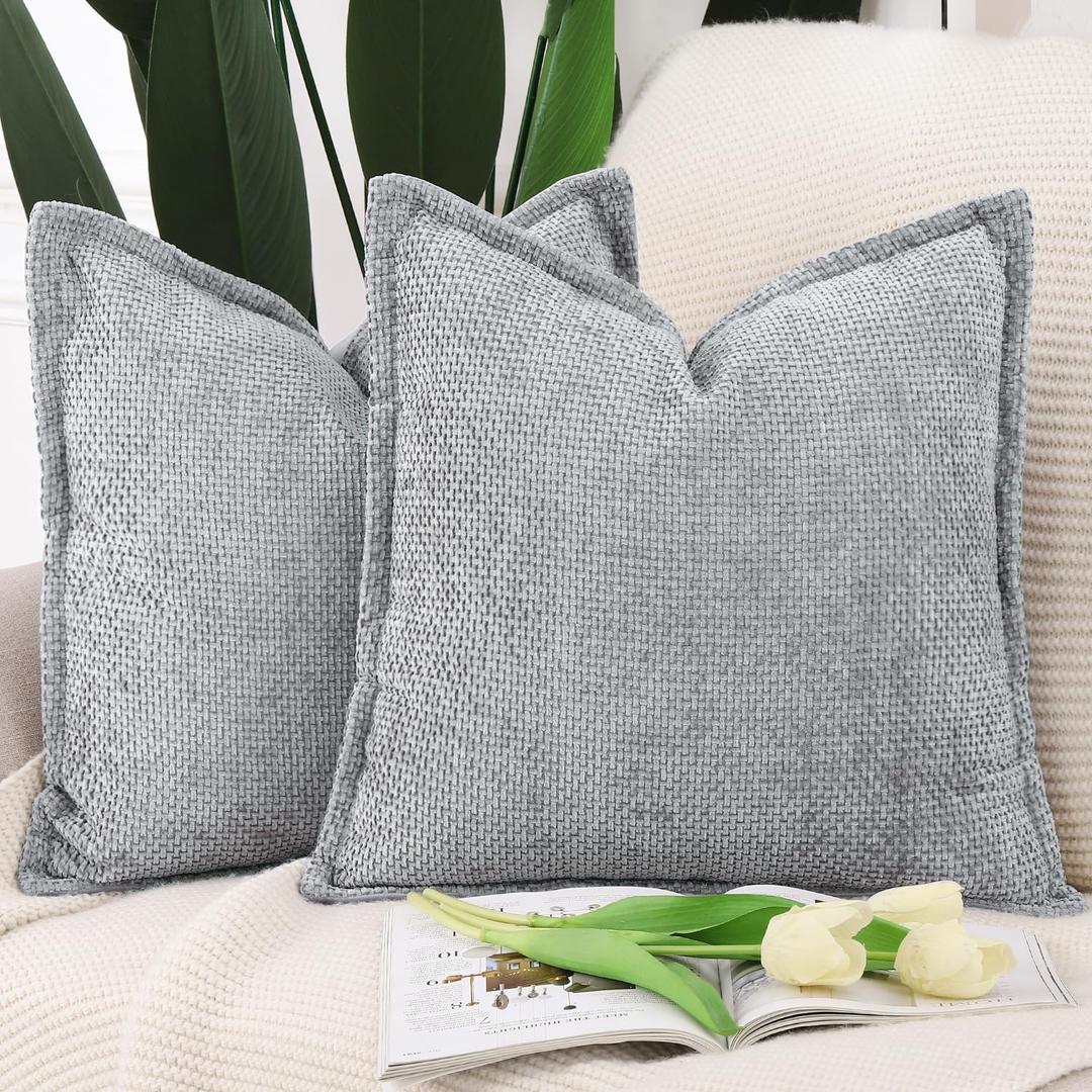 MADIZZ Decorative Chenille Velvet Throw Pillow Covers Set of 2 Soft Boho Textured Neutral Couch Throw Pillow for Bed Modern Farmhouse Home Decor for Sofa Livingroom Grey 24x24 Inch Euro Sham