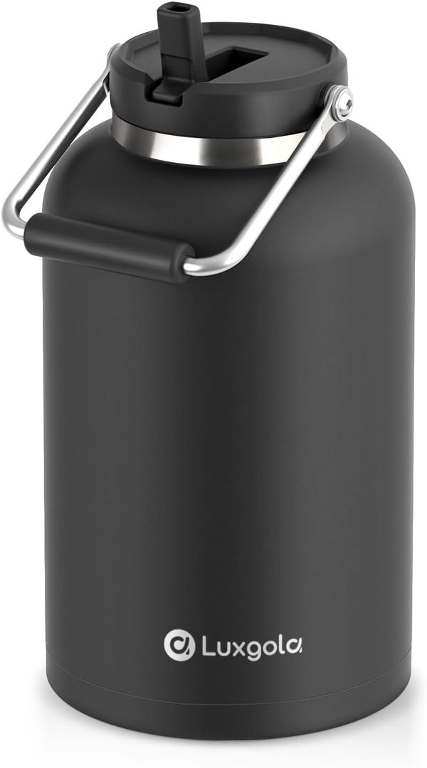 128 oz Insulated Water Jug with Straw Lid and Handle, One Gallon Stainless Steel Large Double Vacuum Water Bottle for Hot & Cold Drinks - Sweat Proof, Great for Travel, Hiking, Camping - Black