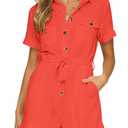 GRAPENT Women's Cherry Tomato Red Summer Button Down 100 Cotton Rompers Casual Short Sleeve Pockets Belted Short Jumpsuits Playsuits for Women Size Large (Orange, L)