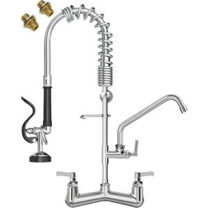 Commercial Faucet with Pre-Rinse Sprayer : 25" Height 8" Adjustable Center Wall Mount Commercial Kitchen Sink Faucet with Pull Down Spray & 10" Add-on Swing Spout for 1/2/3 Compartment Sink, Chrome