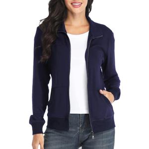 Women's Zip up Sweatshirt Jacket Stand Collar Hoodless Running Sweatshirt with Pockets (Medium, Long Sleeves - Navy Blue)