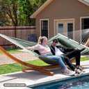 SUNCREAT Double Hammock for 2 Person, Extra Large Outdoor Portable Hammock with Hardwood Spreader Bar, Soft Pillow, 475 lbs Capacity, Gray Green