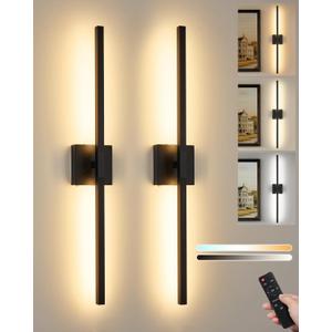 Battery Operated Wall Sconce Set of 2, 3000K-6000K Dimmable Rechargeable Wireless Wall Sconces with Remote Control, Modern LED Wall Light with Timer Function for Living Room, 24 Inch Black