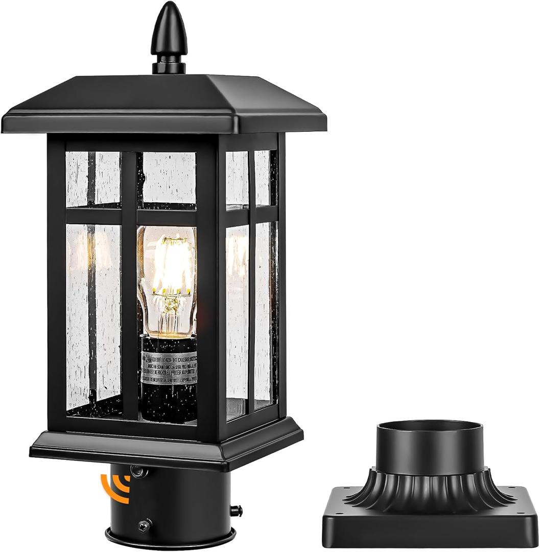 Brilvibera Dusk to Dawn Black Outdoor Post Light Fixture, Pole Lamp with Pier Mount, Waterproof Exterior Lamp Post Lantern for Yard, Driveway, Path, Black