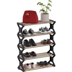 Stick Wood Shoe Rack Organizer, 5 Tier Shoe Shelf Storage Organizer, for Entryway, Hallway, and Closet
