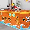 party greeting 72 x 30 Inch Pirate Tablecloth Pirate Ship Table Cloth with 3pcs Prow Cardboard Nautical Adventure Party Decor for Birthday Jungle Adventure Nautical Party Favors Supplies Decorations