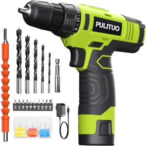 PULITUO 12V Green Cordless Drill Set - Power Drill Kit with Battery and Charger, 3/8-Inch Keyless Chuck, Built-in LED, 21+1 Torque Setting (12v Drill (Green))